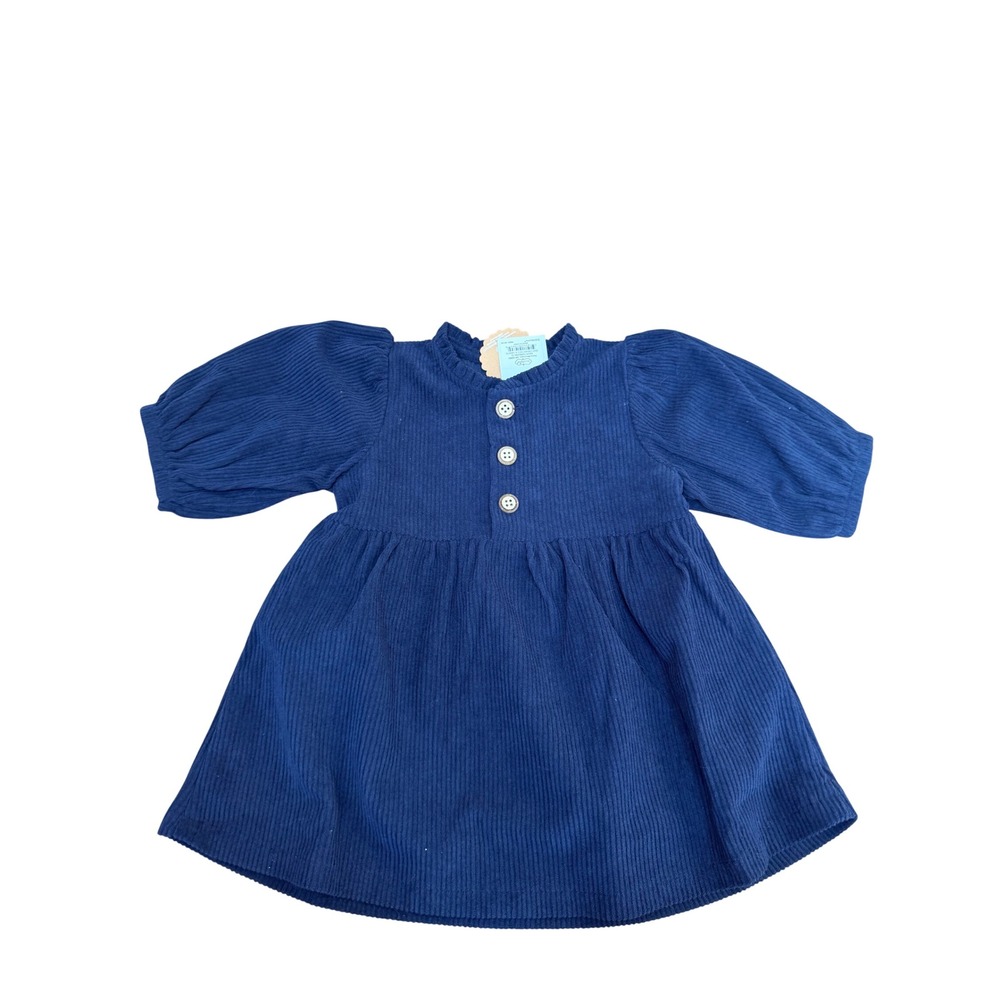 Mud Pie Navy Blue Corduroy Babydoll Dress Kids 9-12M Ruffle Neck Puff Sleeve NWT